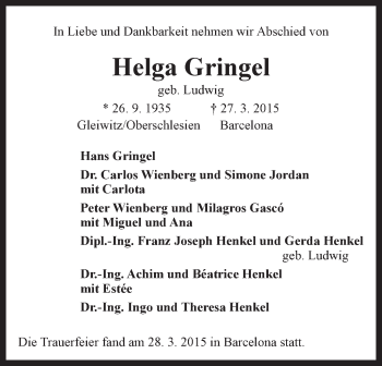 Anzeige von Helga Gringel von LZ