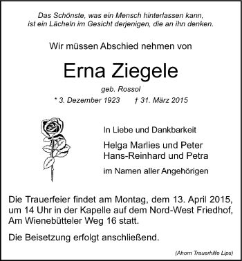 Anzeige von Erna Ziegele von LZ