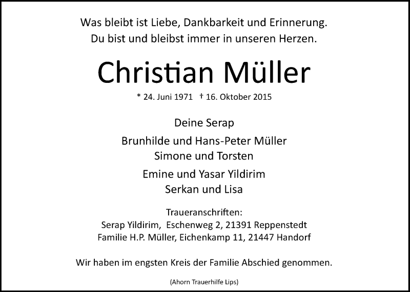  Traueranzeige für Christian Müller vom 26.10.2015 aus LZ
