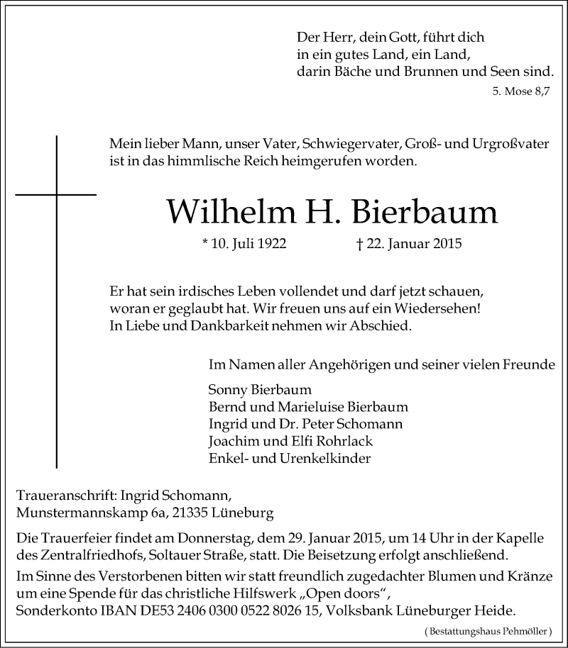  Traueranzeige für Wilhelm H. Bierbaum vom 24.01.2015 aus LZ