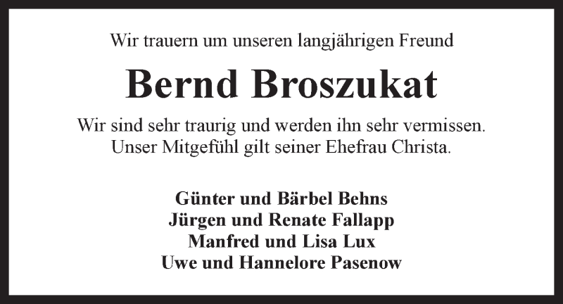  Traueranzeige für Bernd Broszukat vom 21.02.2015 aus LZ