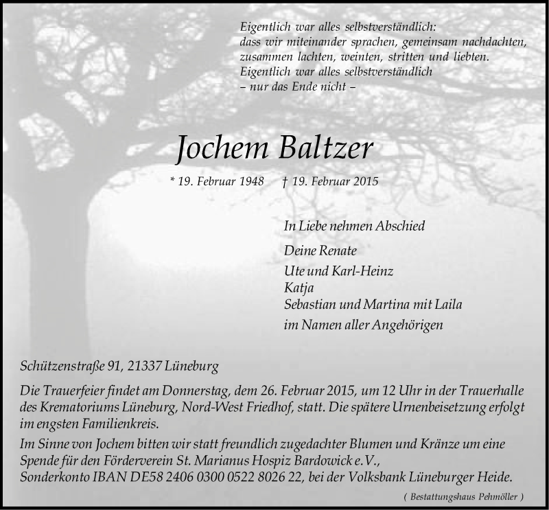  Traueranzeige für Jochem Baltzer vom 23.02.2015 aus LZ