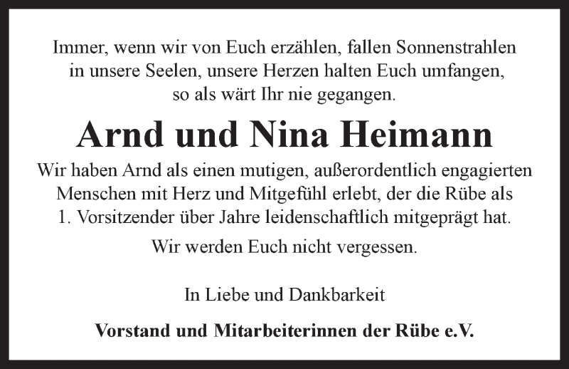  Traueranzeige für Arnd und Nina Heimann vom 12.09.2015 aus LZ
