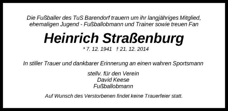  Traueranzeige für Heinrich Straßenburg vom 09.01.2015 aus LZ
