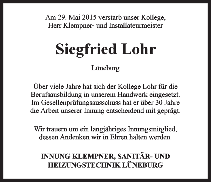  Traueranzeige für Siegfried Lohr vom 03.06.2015 aus LZ