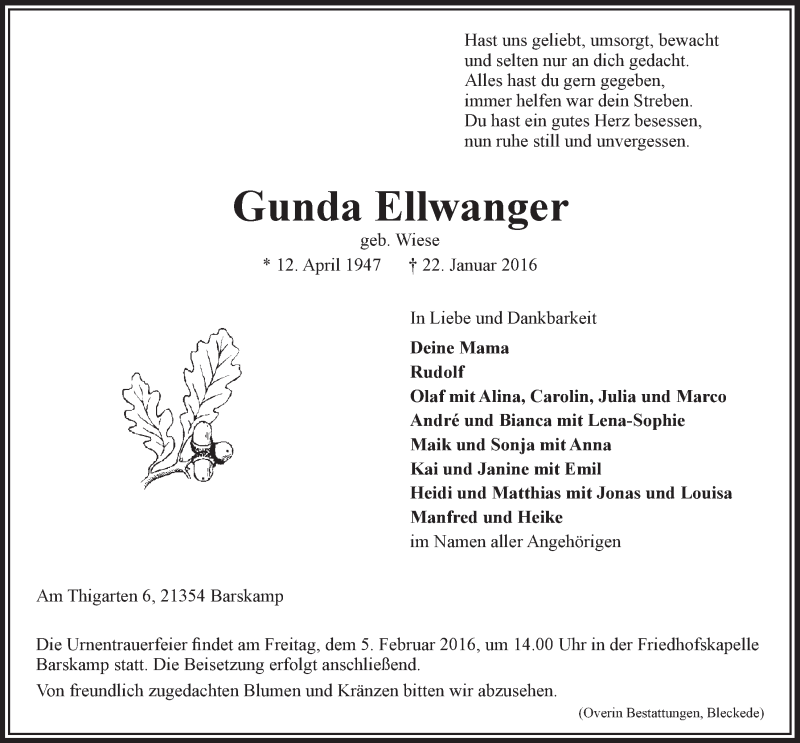  Traueranzeige für Gunda Ellwanger vom 30.01.2016 aus LZ
