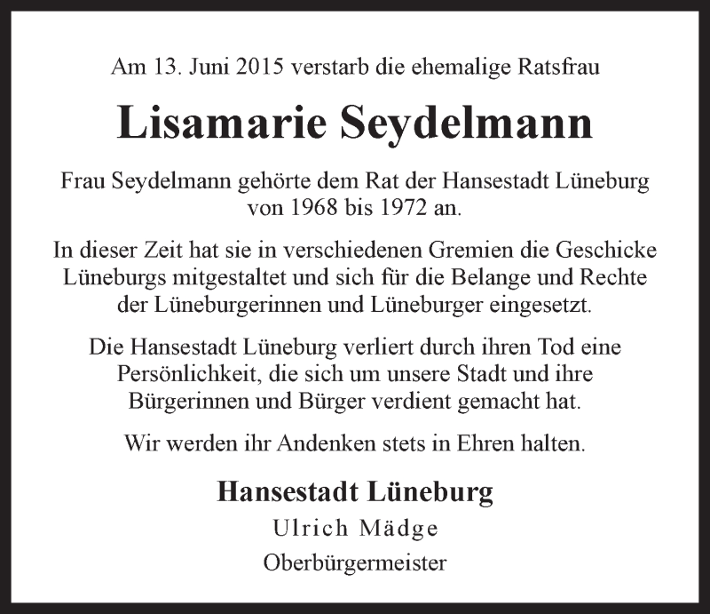  Traueranzeige für Lisamarie Seydelmann vom 27.06.2015 aus LZ