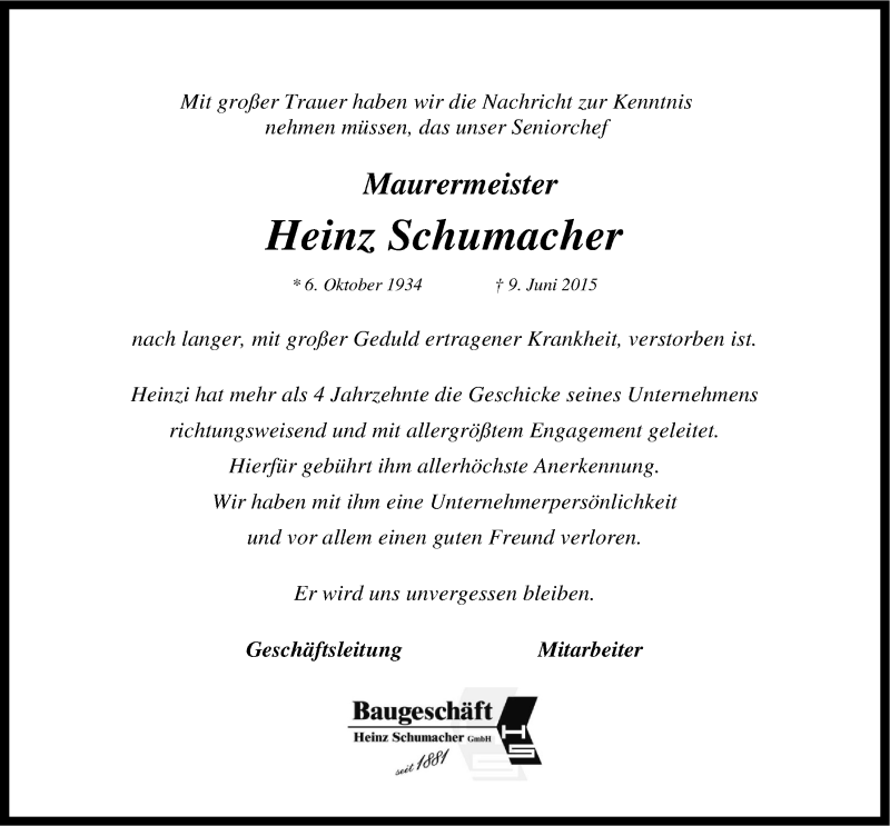  Traueranzeige für Heinz Schumacher vom 13.06.2015 aus LZ