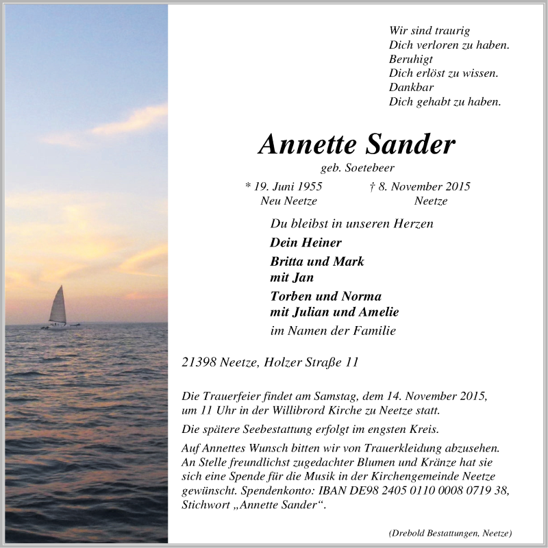  Traueranzeige für Annette Sander vom 11.11.2015 aus LZ