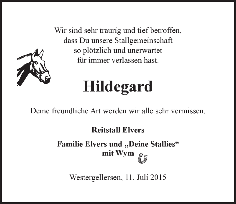  Traueranzeige für Hildegard Wiegand vom 11.07.2015 aus LZ