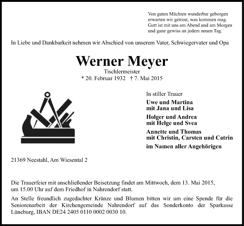  Traueranzeige für Werner Meyer vom 09.05.2015 aus LZ