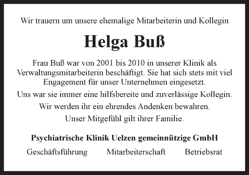  Traueranzeige für Helga Rosemarie Buß vom 11.03.2015 aus LZ