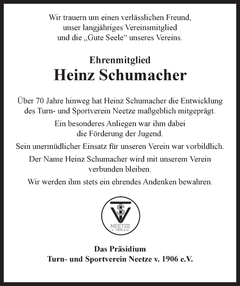  Traueranzeige für Heinz Schumacher vom 13.06.2015 aus LZ