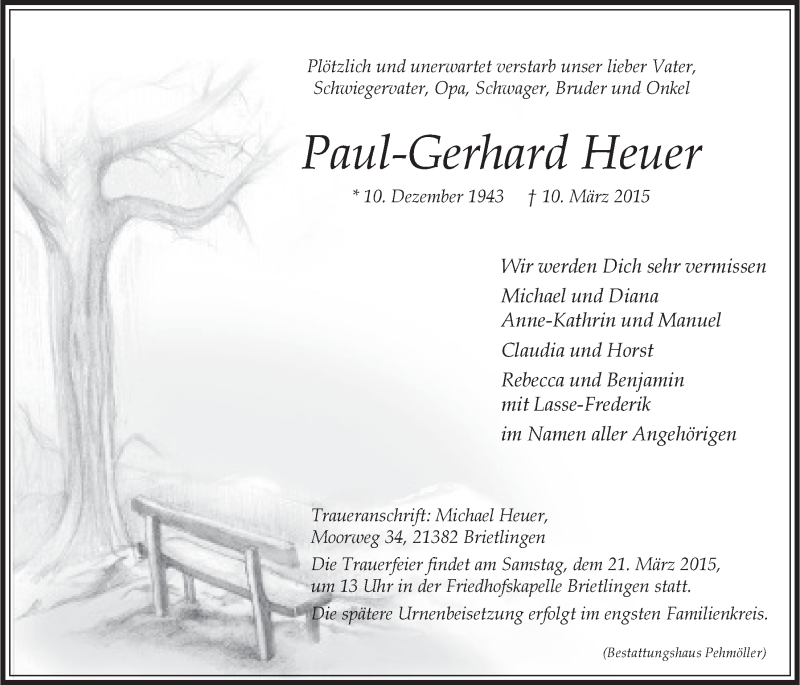  Traueranzeige für Paul-Gerhard Heuer vom 14.03.2015 aus LZ