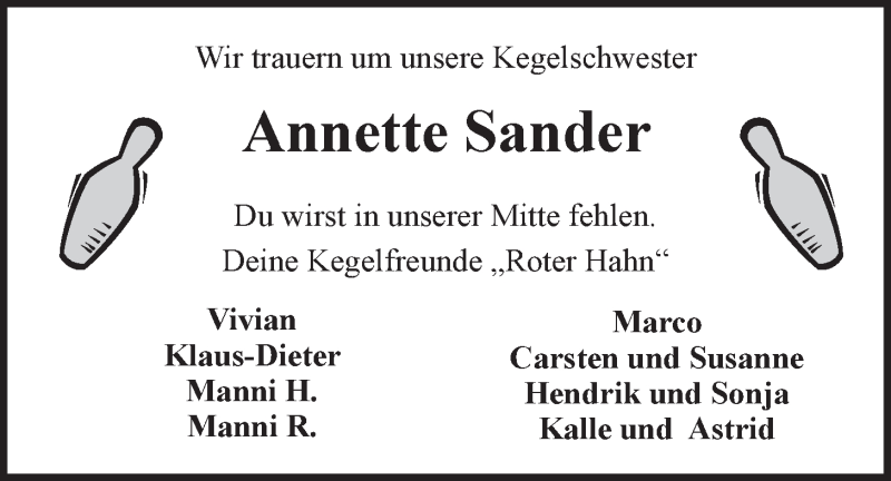  Traueranzeige für Annette Sander vom 13.11.2015 aus LZ
