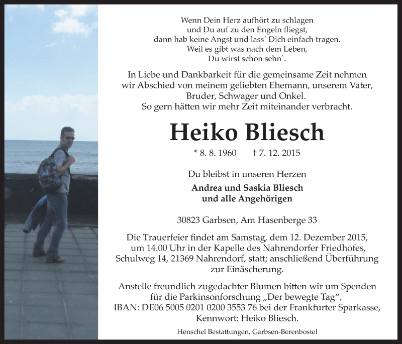  Traueranzeige für Heiko Bliesch vom 10.12.2015 aus LZ