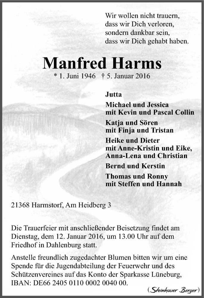  Traueranzeige für Manfred Harms vom 09.01.2016 aus LZ