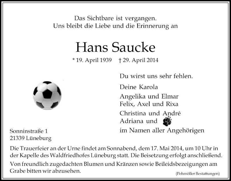  Traueranzeige für Hans Saucke vom 10.05.2014 aus Landeszeitung Lüneburg