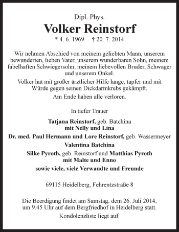 Anzeige von Volker Reinstorf von Landeszeitung Lüneburg