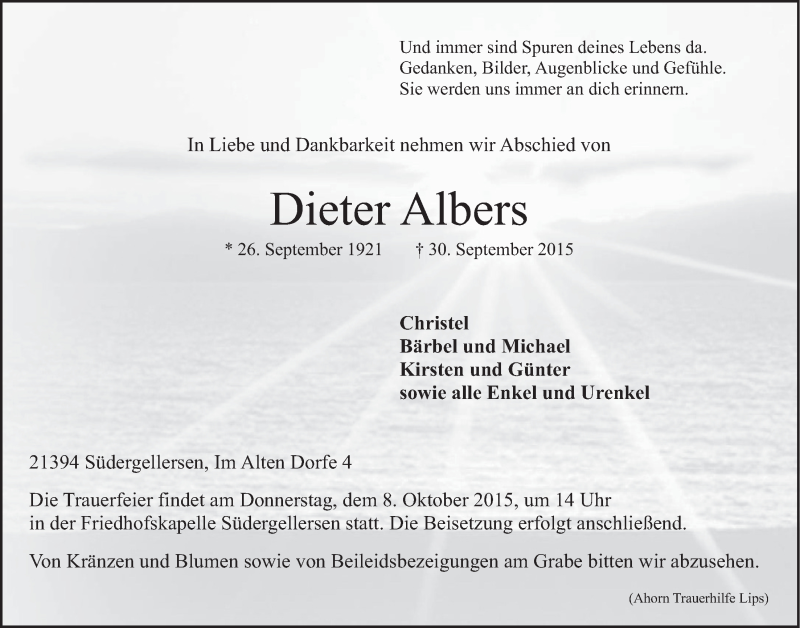  Traueranzeige für Dieter Albers vom 05.10.2015 aus LZ