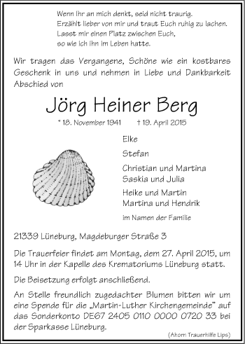 Anzeige von Jörg Heiner Berg von LZ