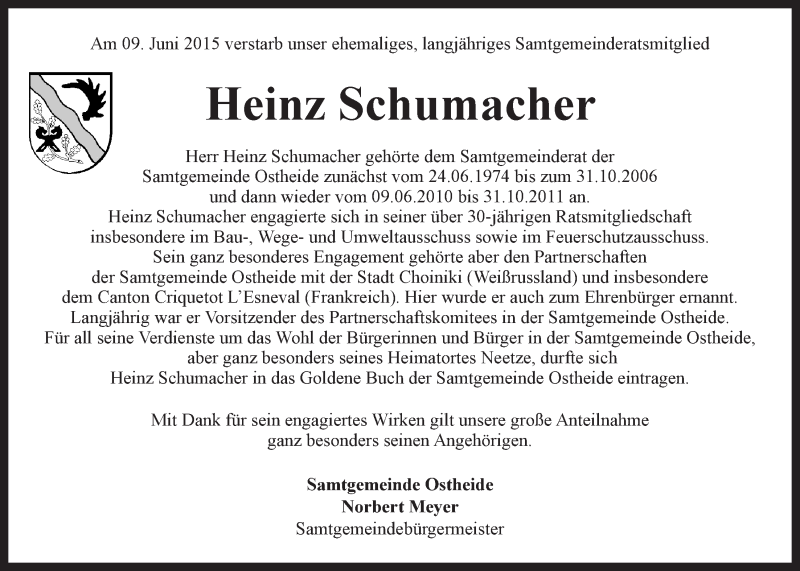  Traueranzeige für Heinz Schumacher vom 13.06.2015 aus LZ