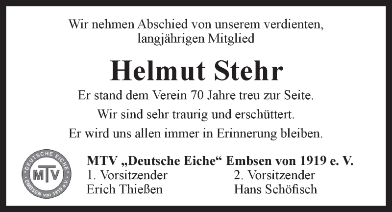  Traueranzeige für Helmut Stehr vom 20.12.2014 aus LZ