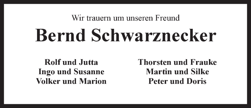  Traueranzeige für Bernd Schwarznecker vom 09.09.2015 aus LZ