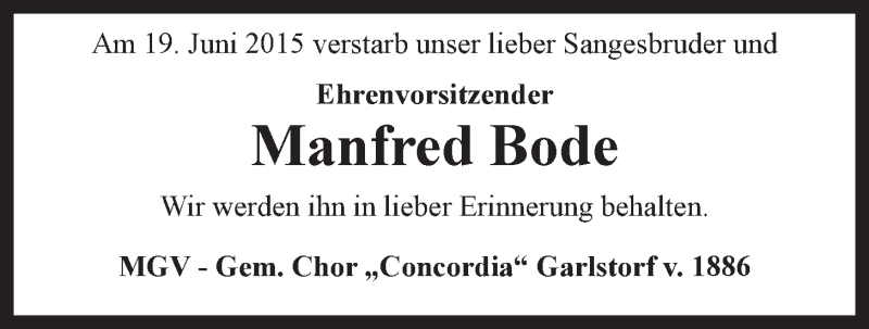  Traueranzeige für Manfred Bode vom 23.06.2015 aus LZ