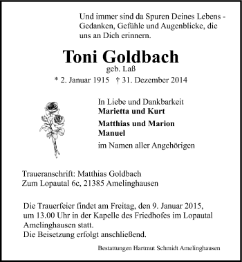Anzeige von Toni Goldbach von LZ