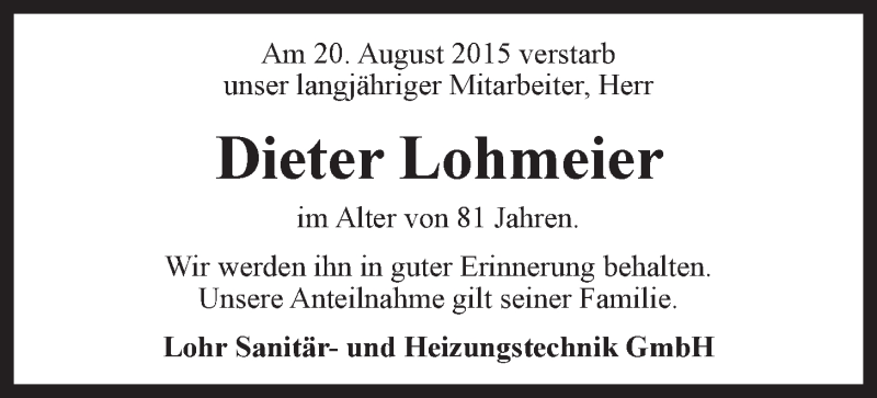  Traueranzeige für Dietrich Wilhelm Lohmeier vom 02.09.2015 aus Landeszeitung Lüneburg