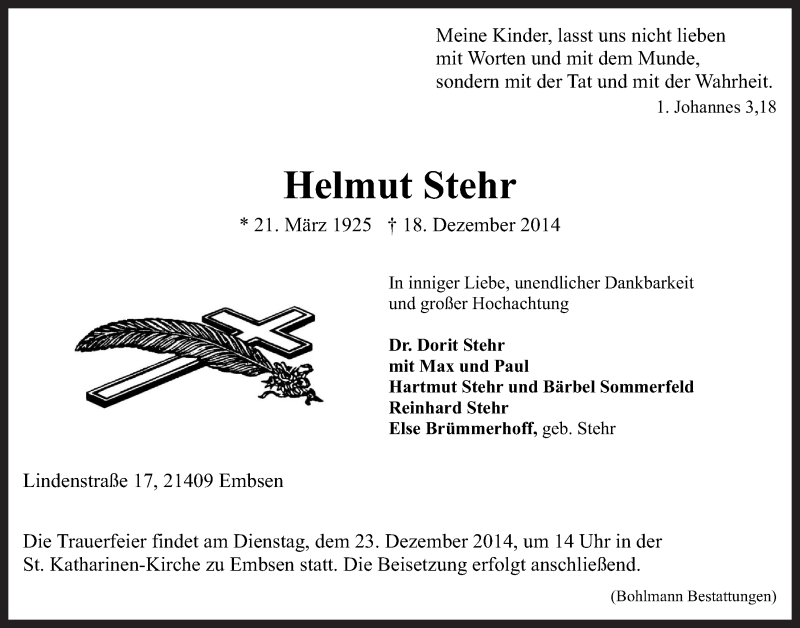  Traueranzeige für Helmut Stehr vom 20.12.2014 aus LZ