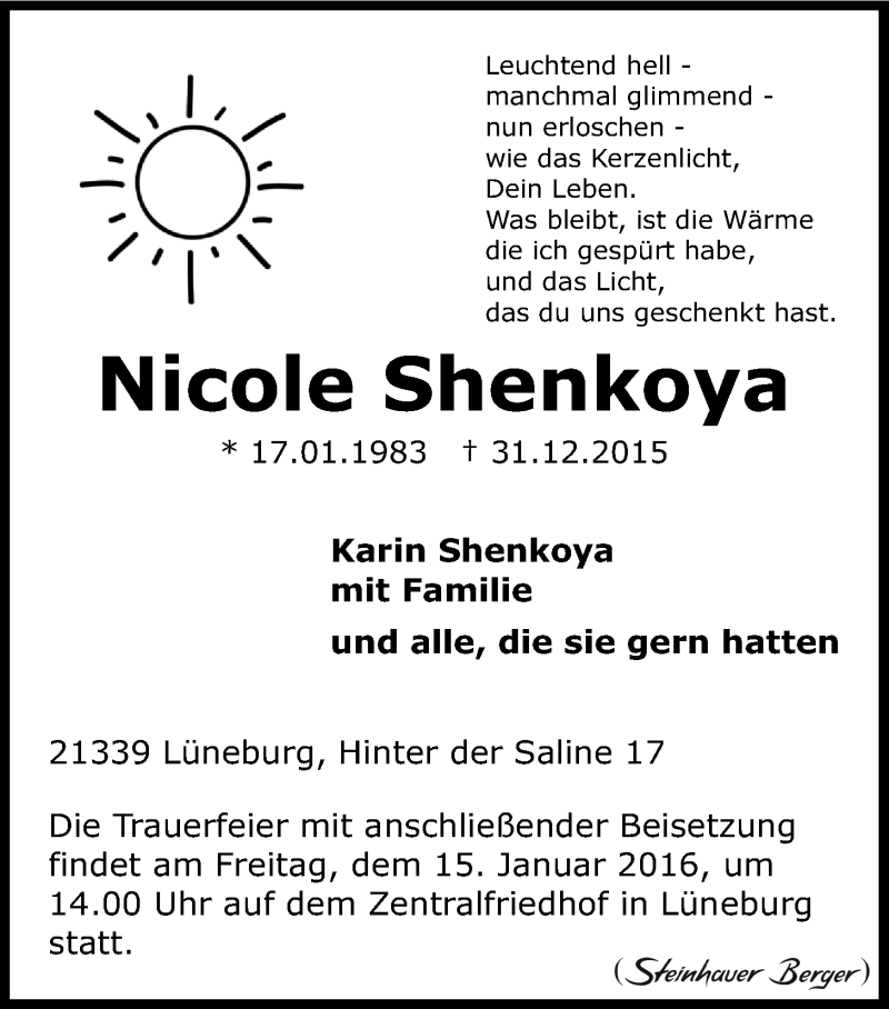  Traueranzeige für Nicole Shenkoya vom 09.01.2016 aus LZ