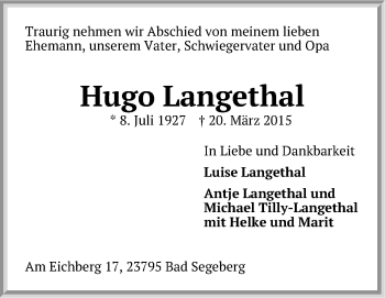 Anzeige von Hugo Langethal von LZ