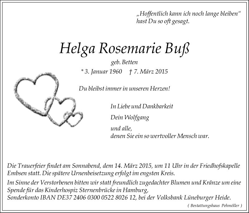  Traueranzeige für Helga Rosemarie Buß vom 10.03.2015 aus LZ