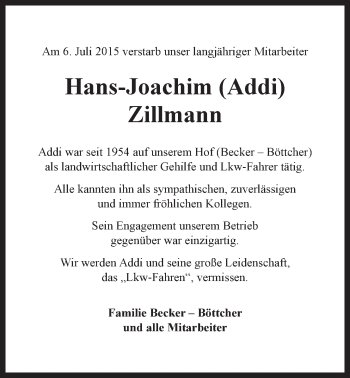 Anzeige von Hans-Joachim Zillmann von LZ