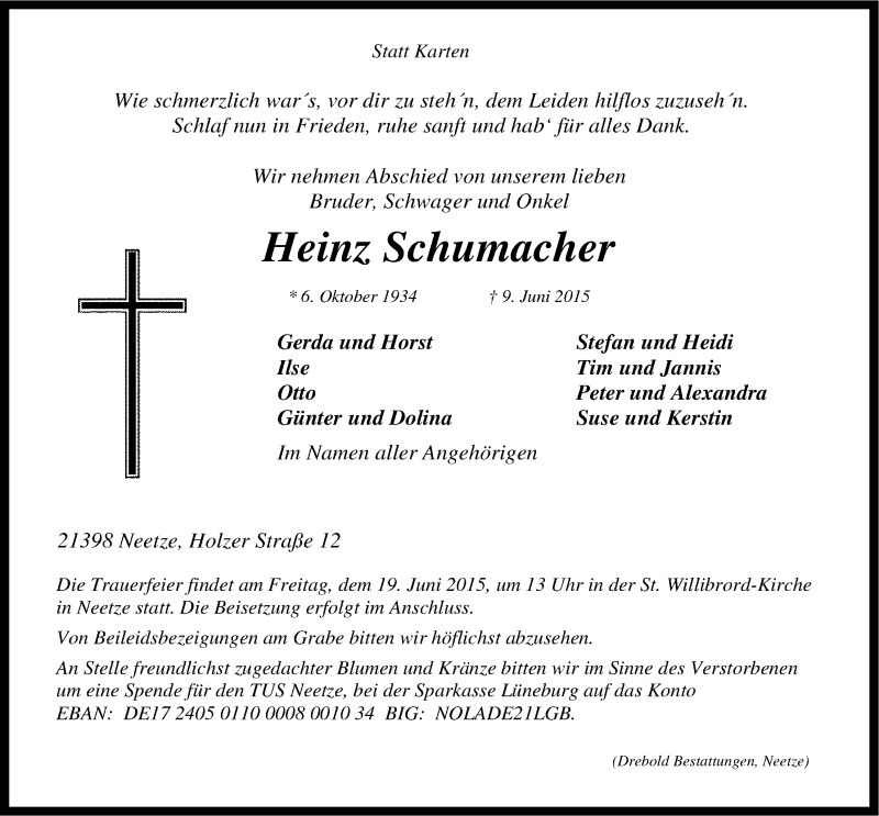  Traueranzeige für Heinz Schumacher vom 13.06.2015 aus LZ
