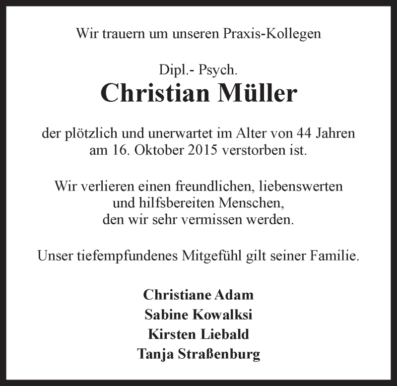  Traueranzeige für Christian Müller vom 27.10.2015 aus LZ