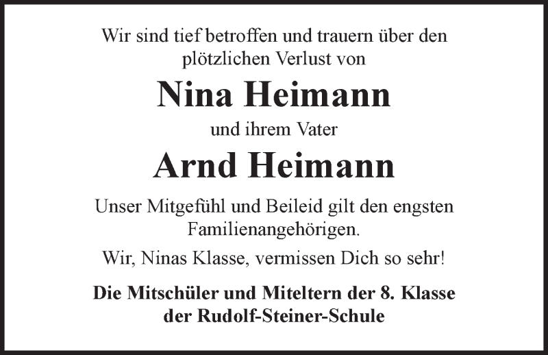  Traueranzeige für Arnd und Nina Heimann vom 09.09.2015 aus LZ