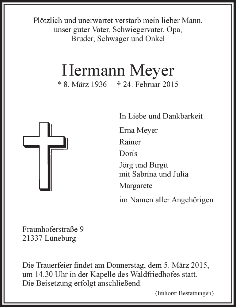  Traueranzeige für Hermann Meyer vom 27.02.2015 aus LZ