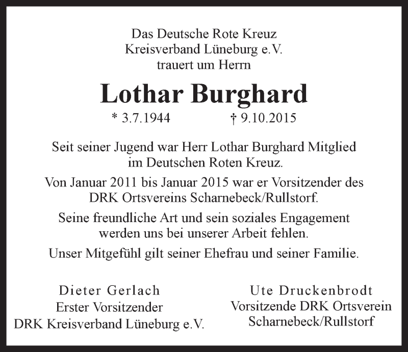  Traueranzeige für Lothar Burghard vom 17.10.2015 aus LZ