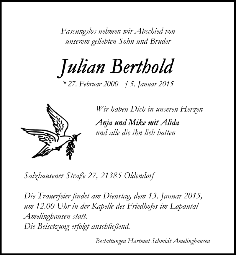  Traueranzeige für Julian Berthold vom 08.01.2015 aus LZ
