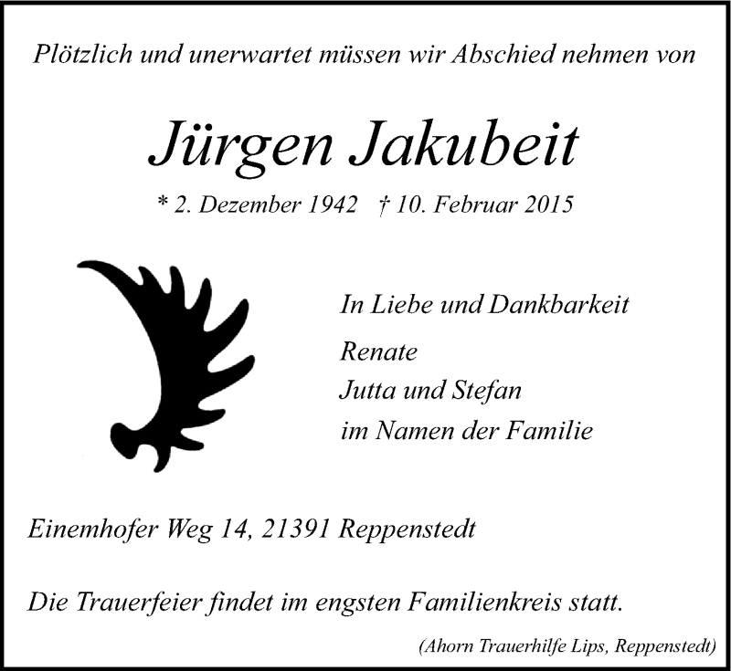  Traueranzeige für Jürgen Jakubeit vom 12.02.2015 aus LZ