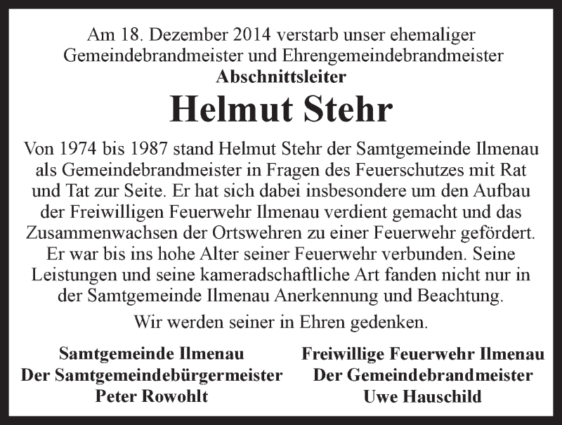  Traueranzeige für Helmut Stehr vom 20.12.2014 aus LZ