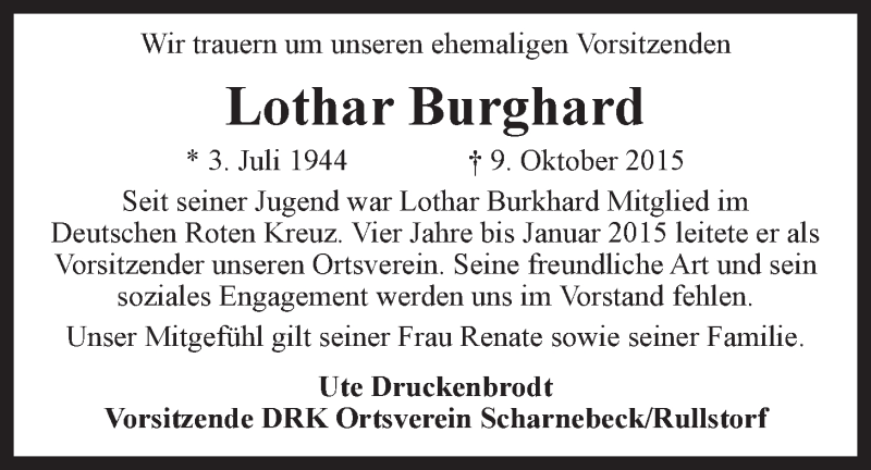  Traueranzeige für Lothar Burghard vom 17.10.2015 aus LZ