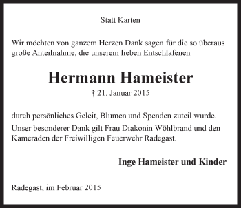 Anzeige von Hermann Hameister von LZ
