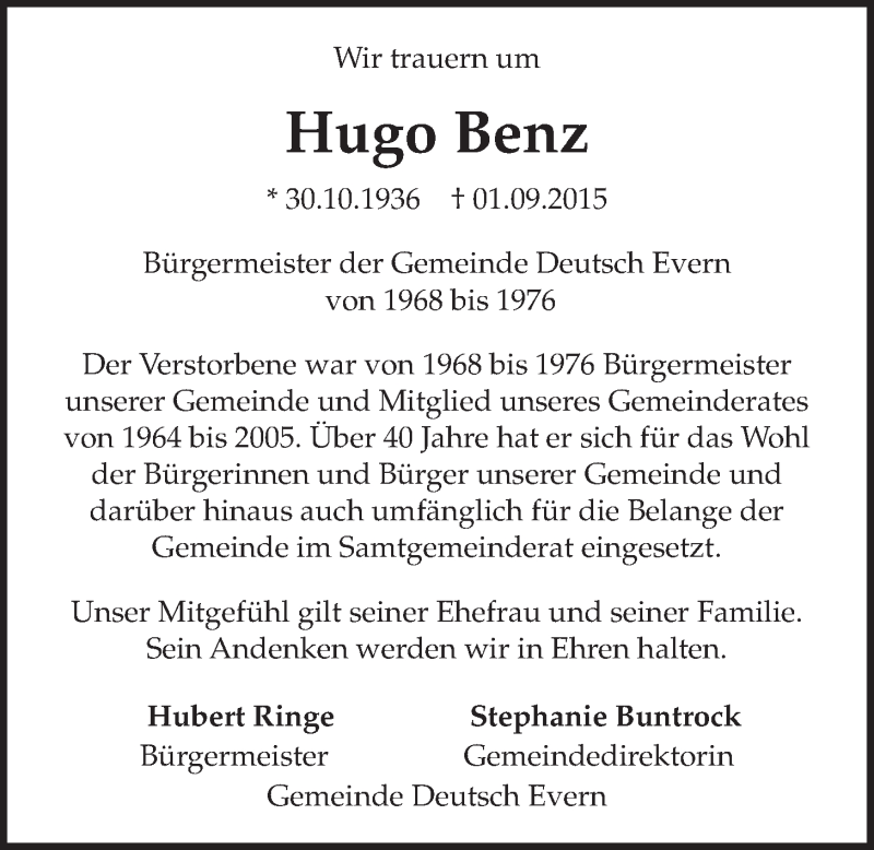  Traueranzeige für Hugo Benz vom 05.09.2015 aus LZ
