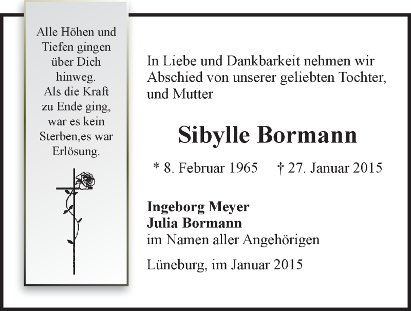  Traueranzeige für Sibylle Bormann vom 31.01.2015 aus LZ