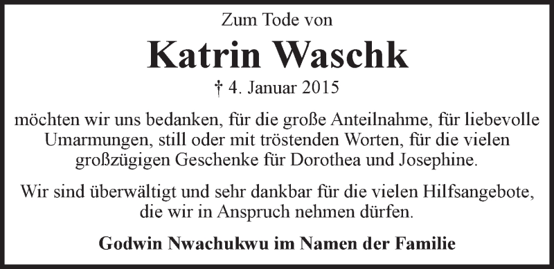  Traueranzeige für Katrin Waschk vom 24.01.2015 aus LZ
