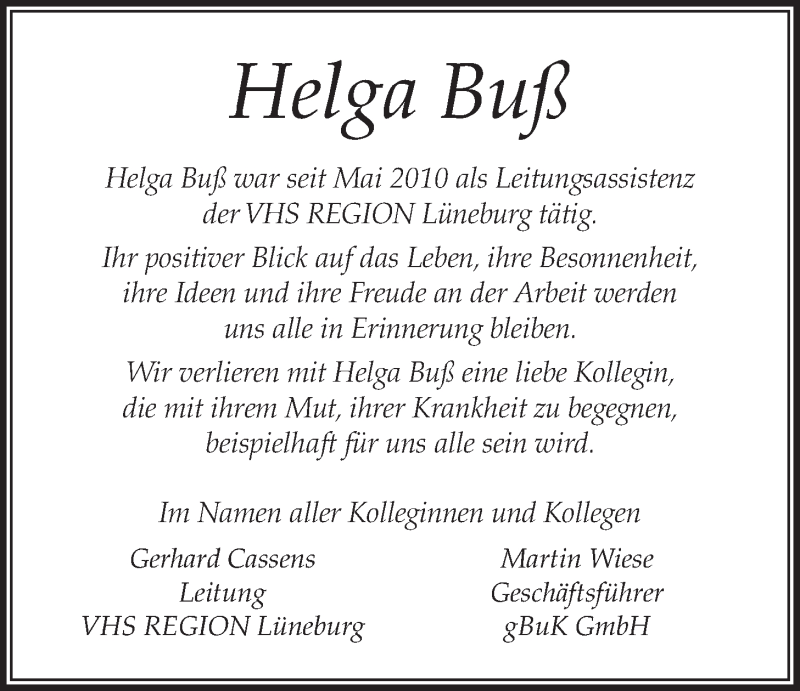  Traueranzeige für Helga Rosemarie Buß vom 11.03.2015 aus LZ